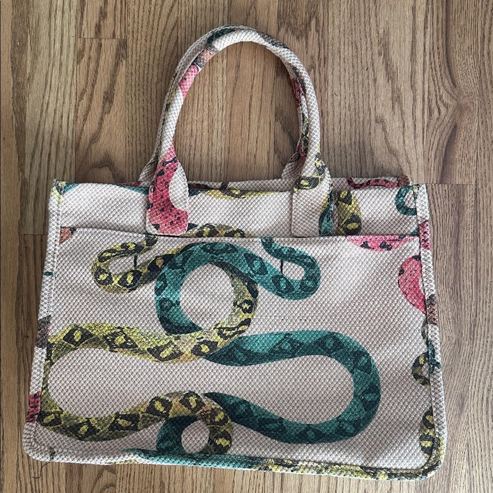 Vince Camuto Canvas Tote with Teal, Yellow & Pink Snake Print